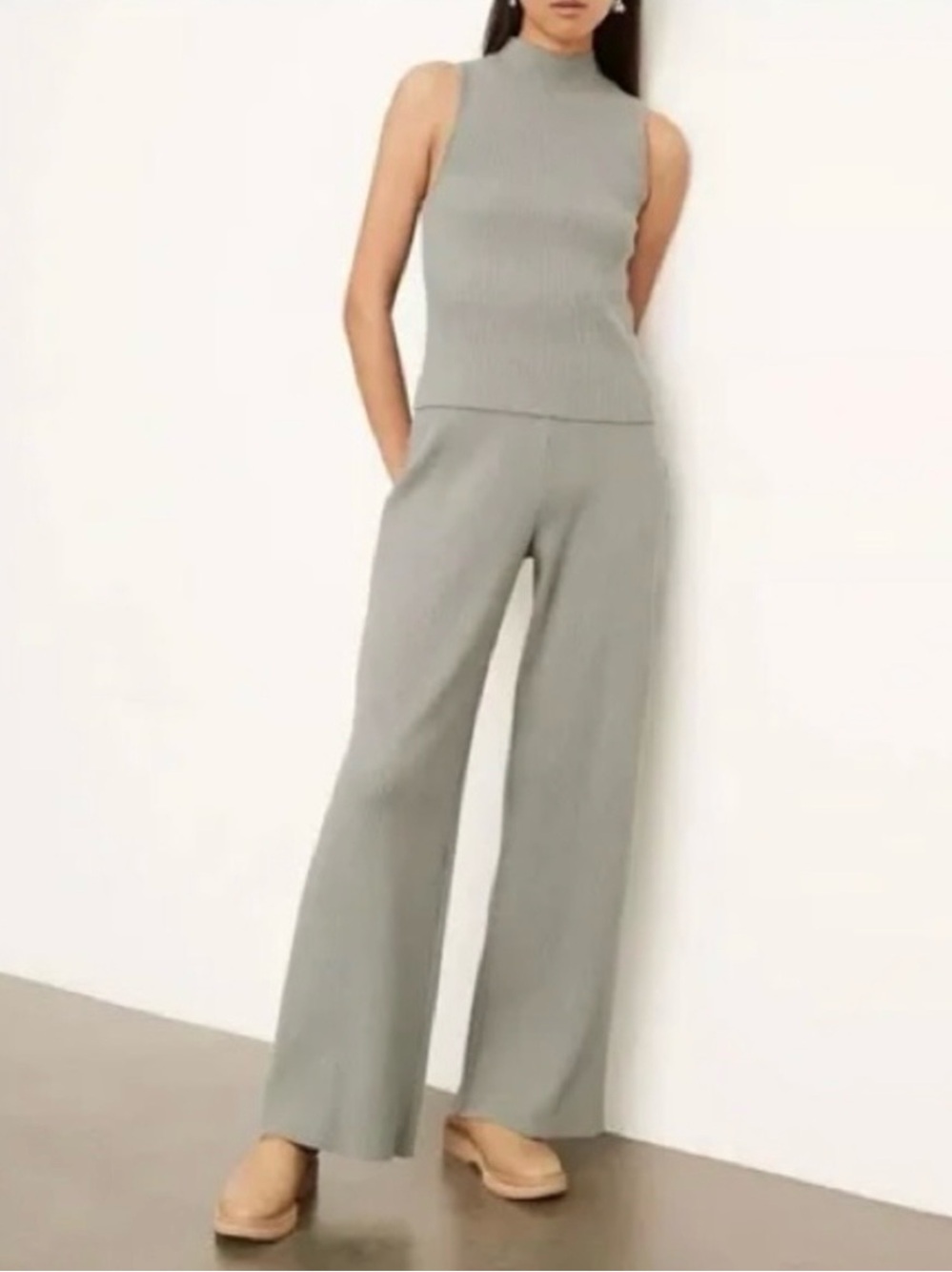 VINCE Ribbed Wide Leg Pant High Rise Stretch Pull-On Sea Stone Gray Size XS